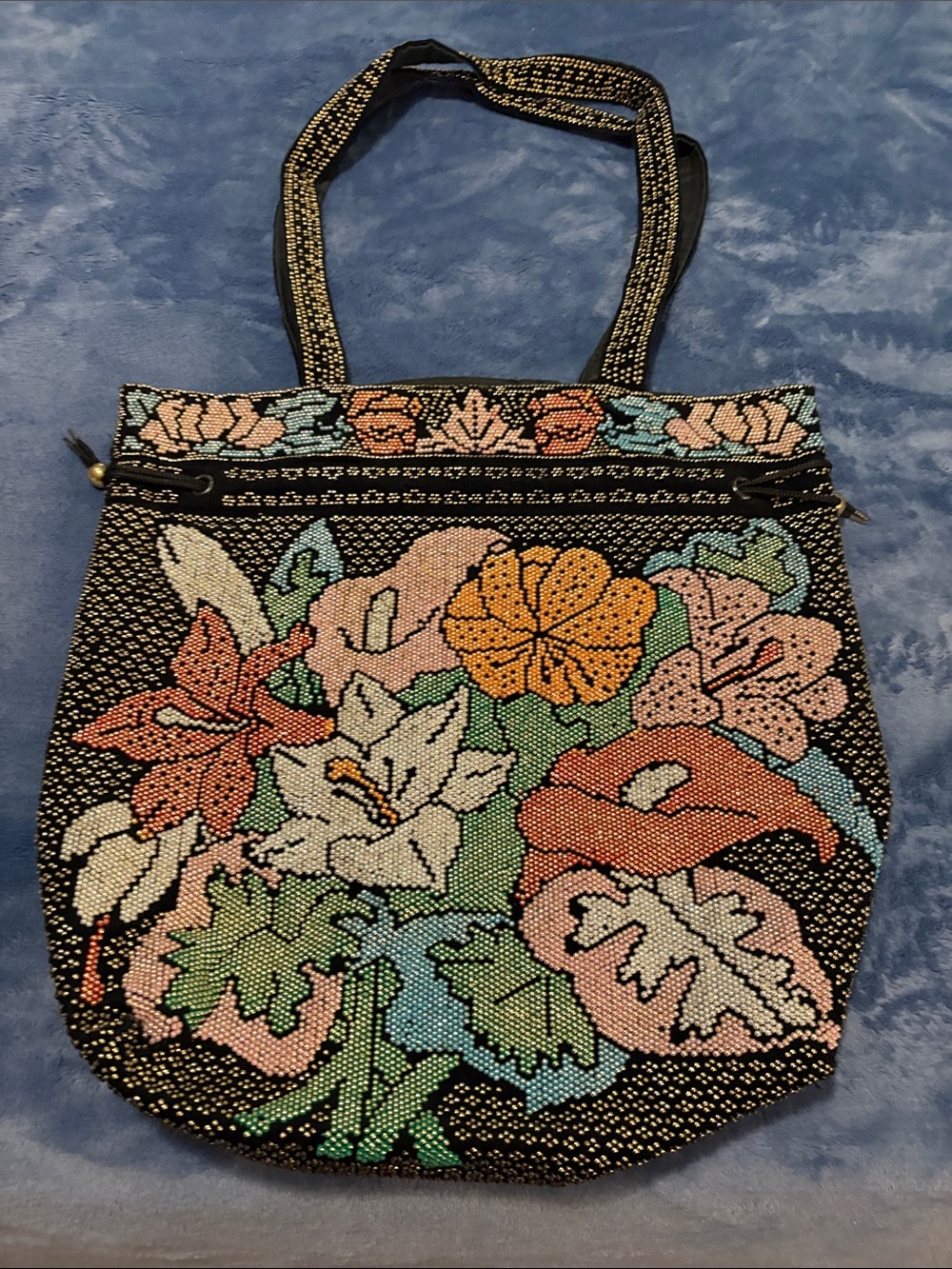 Vintage Floral Beaded Tote in Black, Pink, Green, Blue, Yellow, Orange